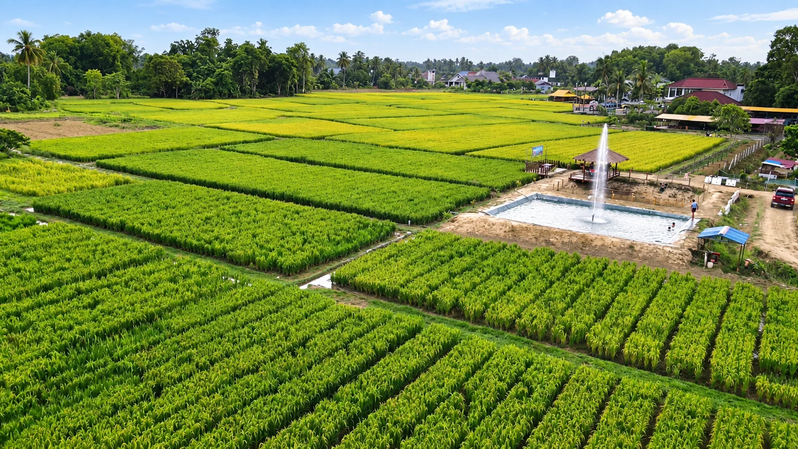 An aerial view of the Desa Gemalai paddy plots, water feature and visitor grounds